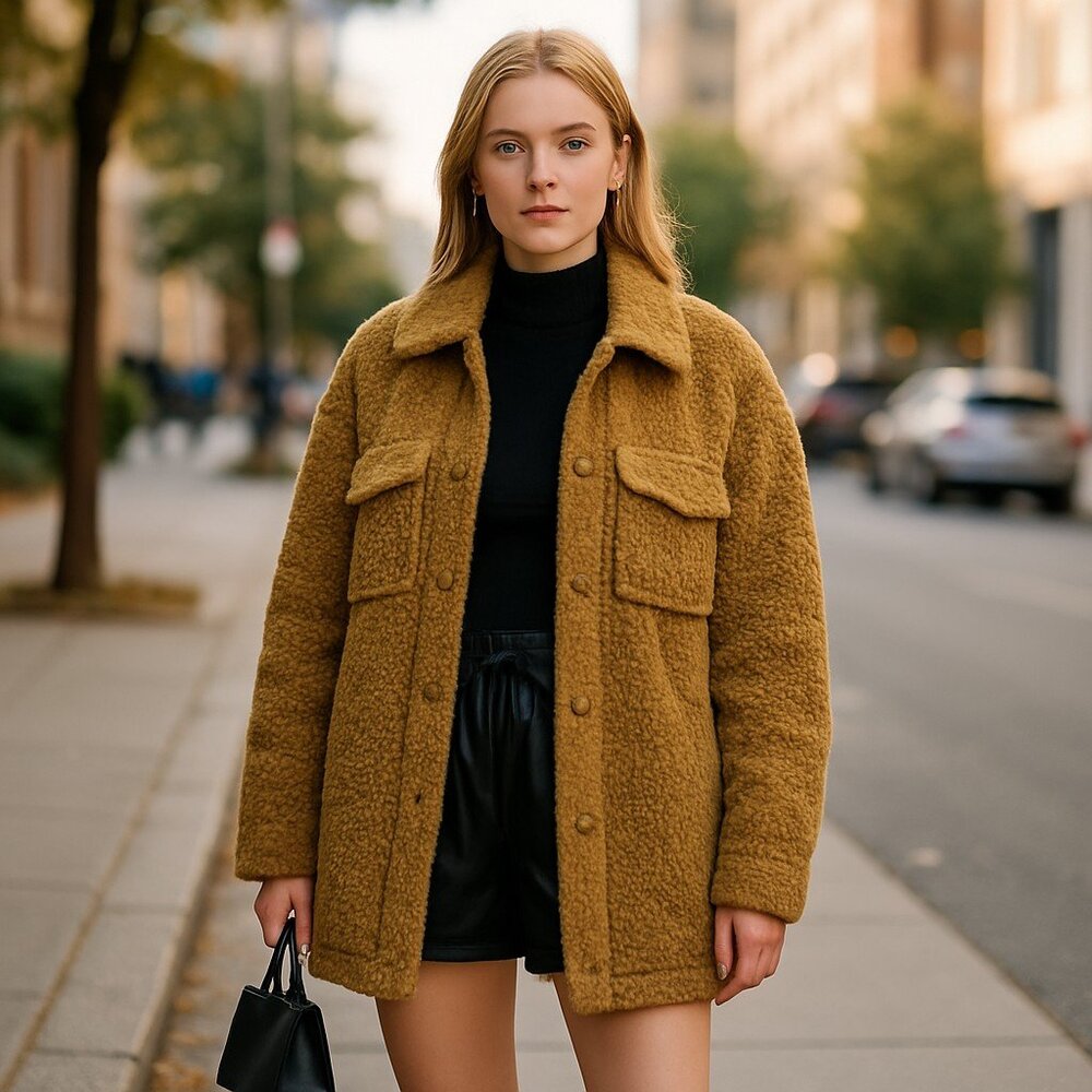 NWT WEWOREWHAT Teddy Faux Fur Shacket OLIVE Green